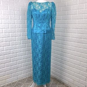 VINTAGE 90’s Teal Lace overlay Party Dress Made in the USA Size 6